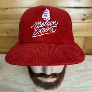 VINTAGE Molson Export Corduroy Hat Cap SnapBack Beer Trucker Mesh Red White